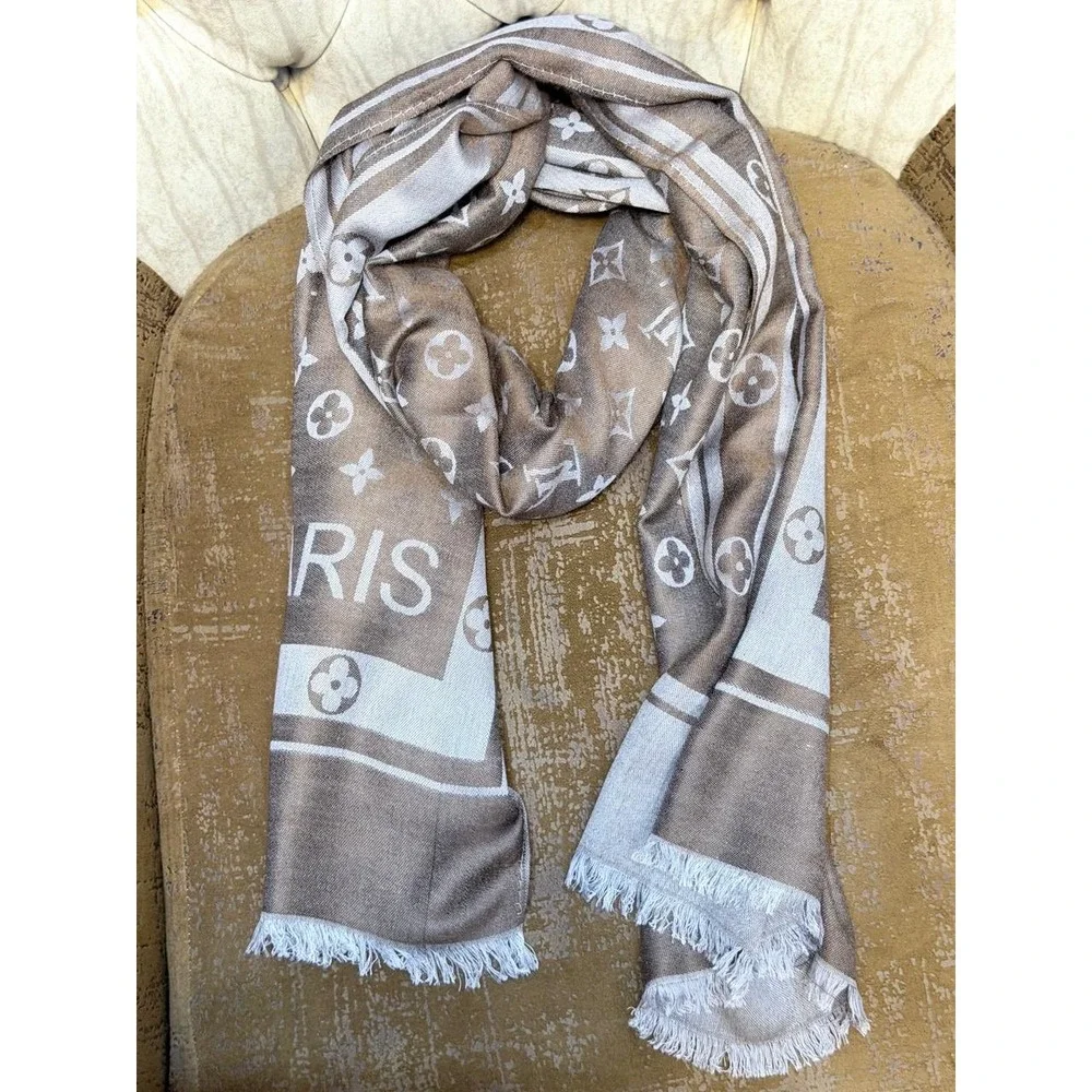 Louis Vuitton Monogram Cashmere Silk Shawl Scarf Brown Silver Fringe Paris